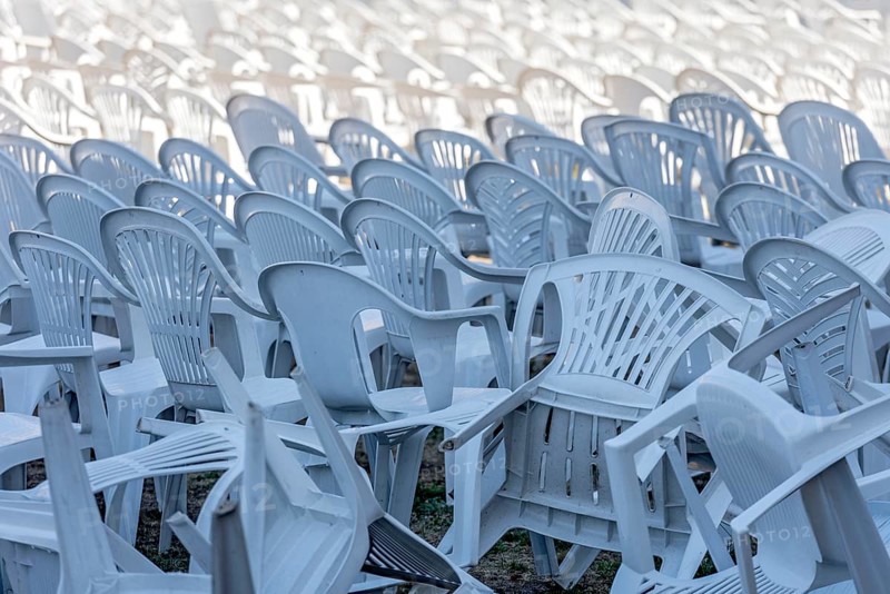 Seating for outdoor event, rows of chairs, overturned garden chairs made of plastic, plastic, monobloc design, disturbed order, clutter, Butzbach, Wetterau, Hesse, Germany, Europe