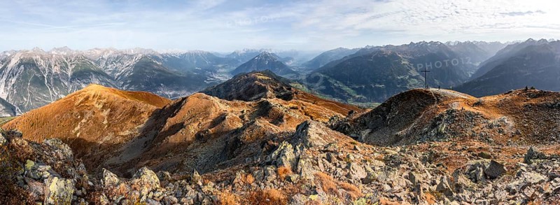 Panorama, mountain panorama at Kreuzjoch summit, view of Tschirgant summit and the Oberinntal valley and into the Pitztal valley, in autumn, Venet crossing, Ötztal Alps, Tyrol, Austria, Europe