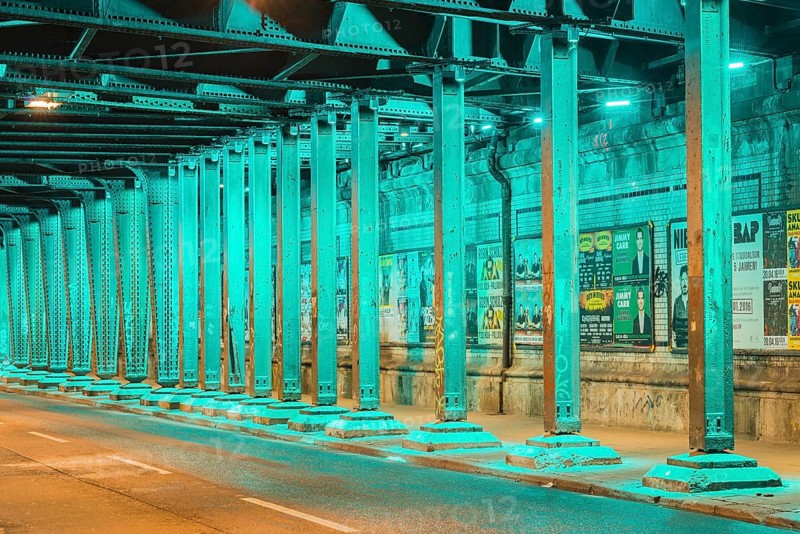 Green illuminated railway subway, Hansaring, Cologne, North Rhine-Westphalia, Germany, Europe
