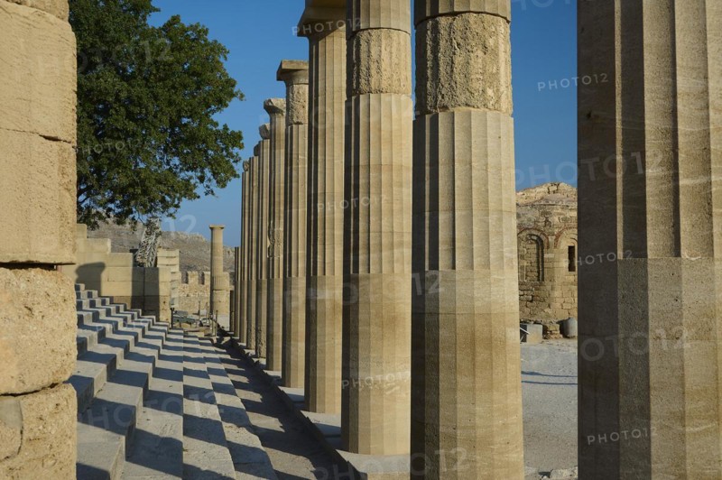 Acropolis of Lindos, morning light, Propylaea with open staircase, Lindos, Rhodes, Dodecanese, Greek Islands, Greece, Europe