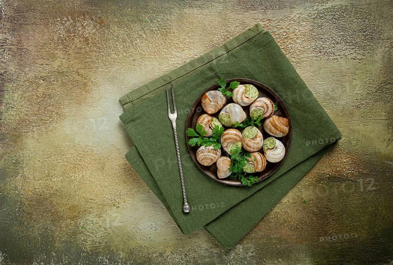 Grape snails stuffed in Burgundy, with butter and herbs, French cuisine, no people