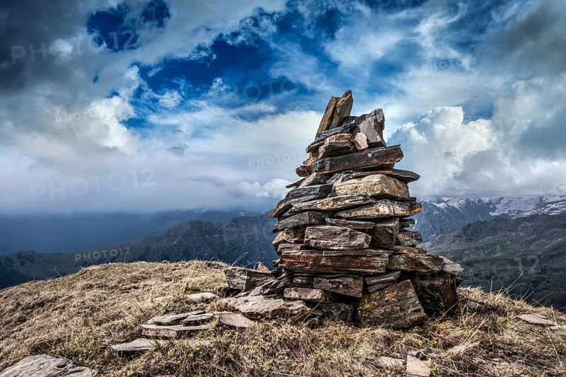 Stone cairn in Himalayas mountains. Himachal Pradesh, India, Asia