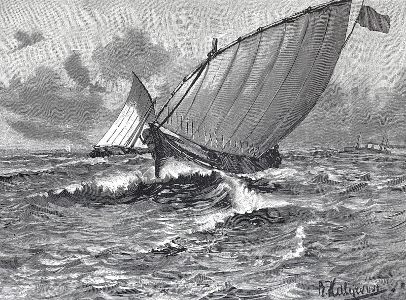 Sailing boat, dhow in stormy seas on the voyage from Tanzania to Zanzibar, 1895, reproduction of an original, around 1900, historical