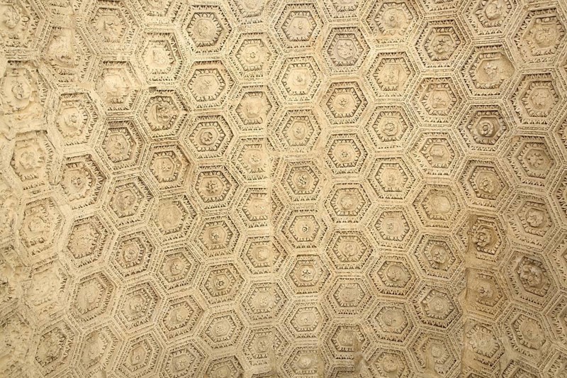 Pattern with relief on the city foundation arch, triumphal arch, UNESCO, Roman period, antique, floral decoration, ornaments, detail, structure, regular, geometric, symmetrical, white, hexagonal, orange, Vaucluse, Provence, France, Europe