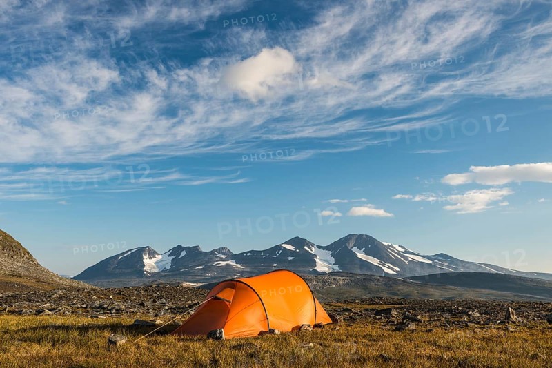 Tent in mountain landscape, Sarek National Park, World Heritage Laponia, Norrbotten, Lapland, Sweden, Sweden, Scandinavia, Europe