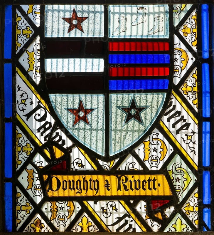 Stained glass window Doughty family crest by Thomas Willement c 1843, Theberton church, Suffolk, England, UK