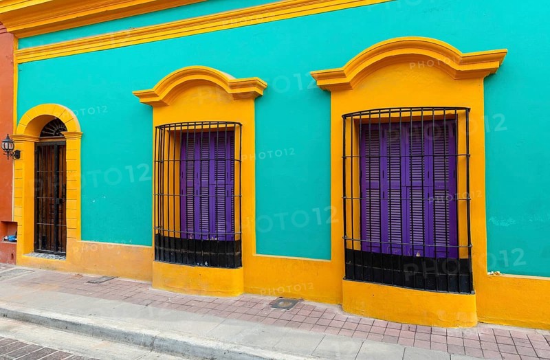 Mexico, Mazatlan, Colorful old city streets in historic city center near El Malecon and ocean shore, Central America
