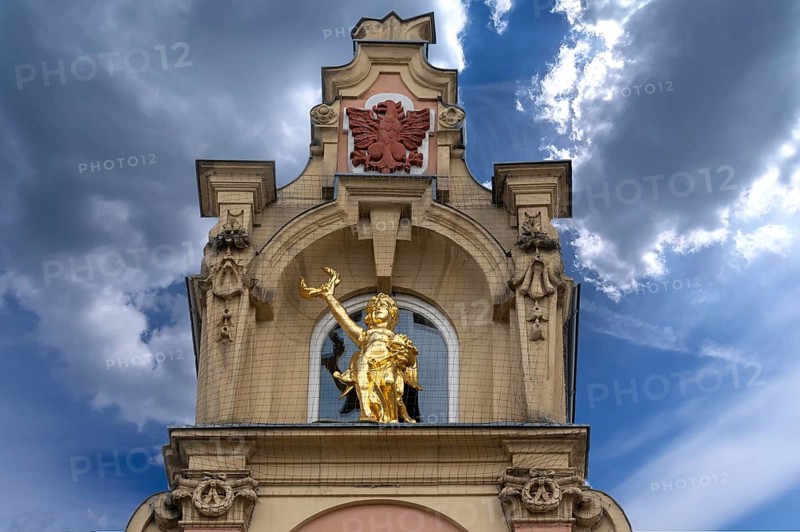 Residential building with gilded figure in baroque-style gable, 1887, Bad Kissingen, Lower Franconia, Bavaria, Germany, Europe