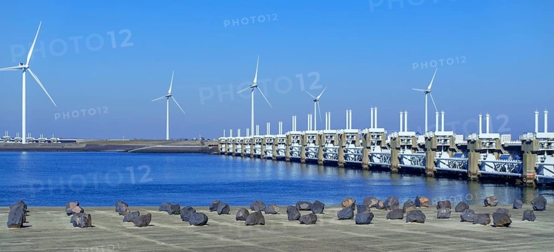 Movable barrier sections of the storm flood barrier, Oosterscheldekering, Eastern Scheldt storm surge barrier at Neeltje Jans, Zeeland, Netherlands