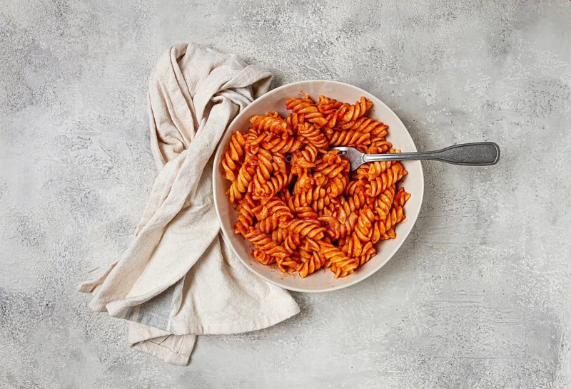 Fusilli pasta dish, made with tomato sauce, homemade, no people