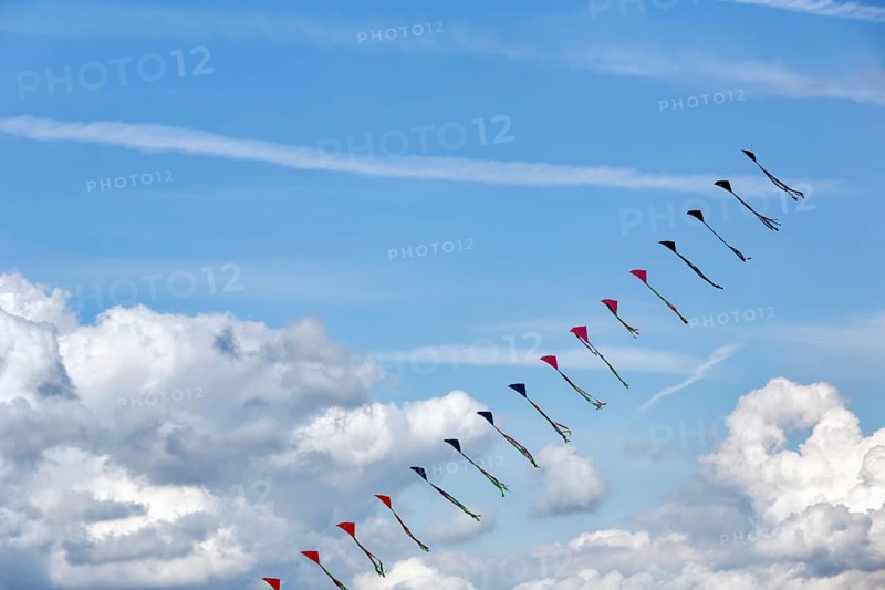 Strung kites flying in the sky, garland, kite festival in Vinsebeck, Steinheim, Eggegebirge and Southern Teutoburg Forest nature park Park, Weserbergland, North Rhine-Westphalia, Germany, Europe