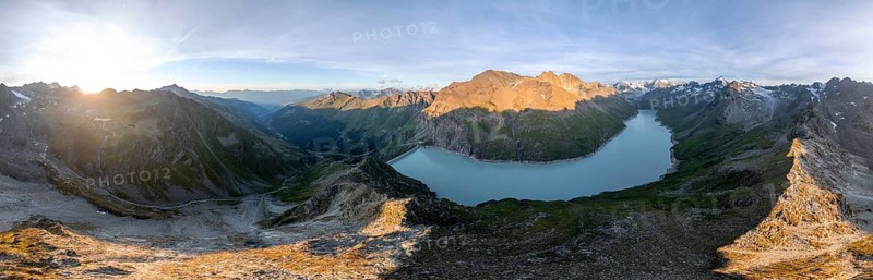 Alpine panorama at Lac de Dix, sunset in the mountains, reservoir, Valais Alps, Valais, Switzerland, Europe