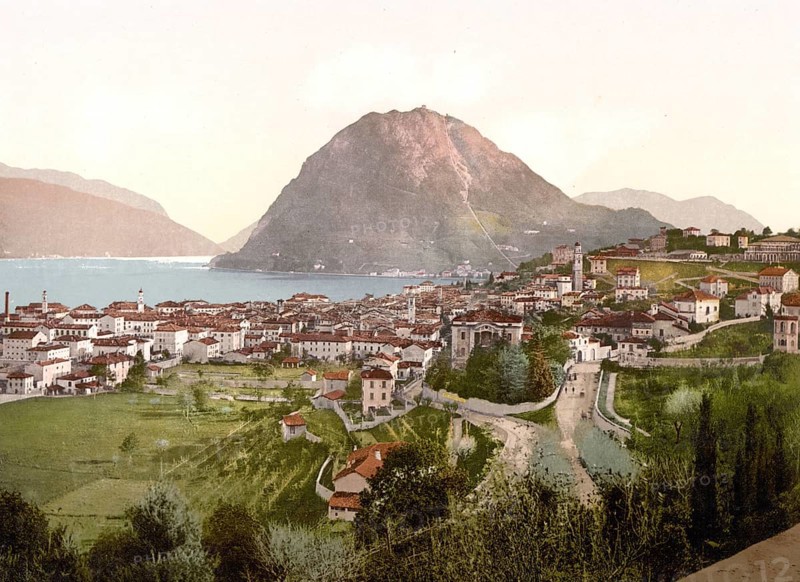 Lugano, from Massagno, Ticino, Switzerland, Historic, digitally restored reproduction from a 19th century original, Record date not stated, Europe