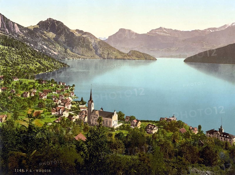 Weggis, municipality in the canton of Lucerne, Lake Lucerne, Switzerland, Historical, digitally restored reproduction from a 19th century original, Record date not stated, Europe