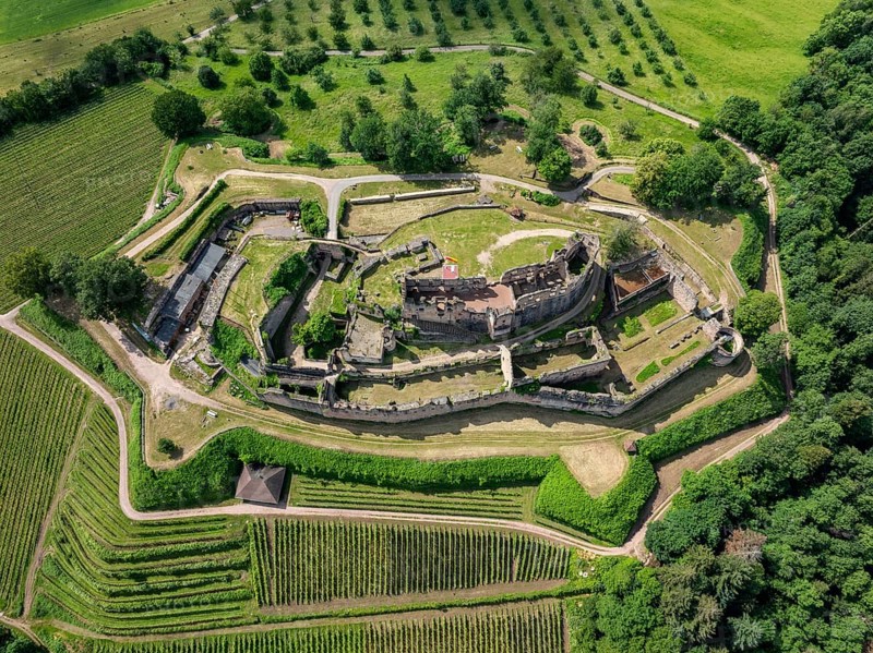 Aerial view of the ruins of Hochburg Castle, also known as Hachberg, 11th century, between Emmendingen, Sexau and Windenreute, second largest castle complex in Baden, administrative district of Freiburg, Black Forest, Baden-Württemberg, Germany, Europe