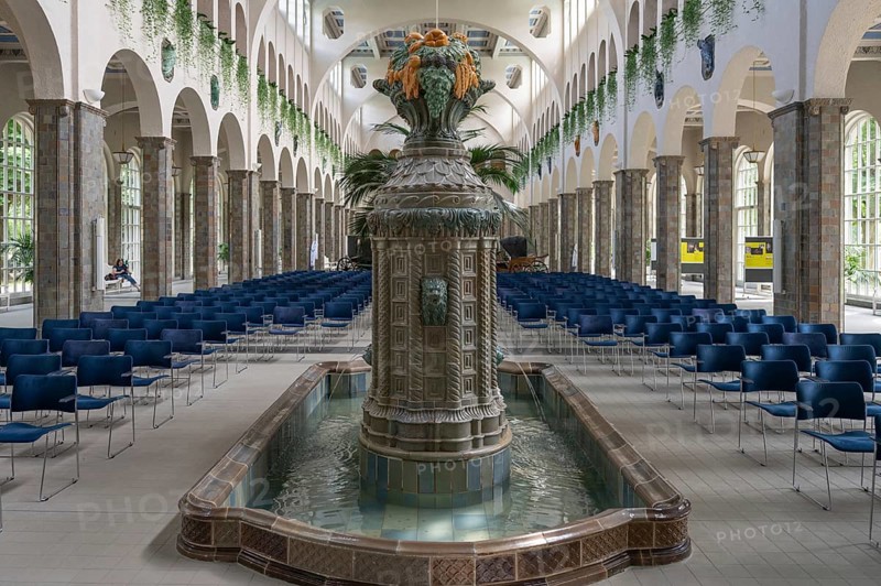 Decorative, Art Nouveau ceramic fountain made of majolica tiles, in the fountain house, Heilbad Kissingen, inaugurated in 1842, replaced by a new building in 1911, Bad Kissingen, Lower Franconia, Bavaria, Germany, Europe