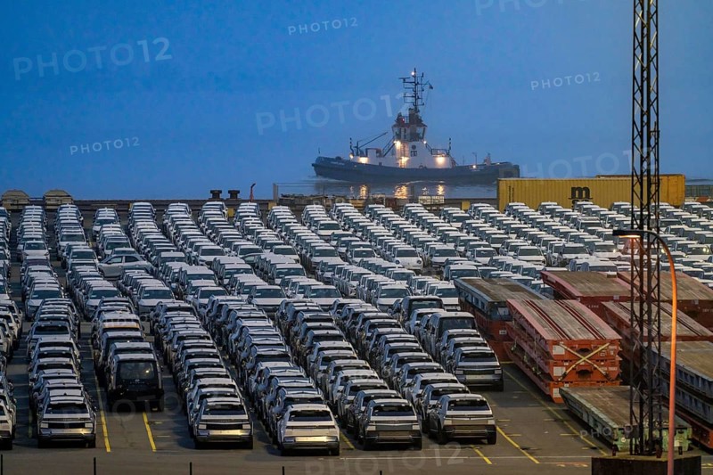 Parking space for import vehicles, hundreds of Hyundai Ioniq, electric cars, waiting for onward transport, ship on the Weser, at the EUROGATE container terminal in the overseas harbour of Bremerhaven, Lower Saxony, Germany, Europe