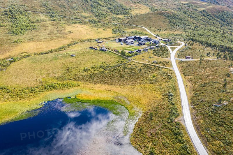 Aerial view of tourist hotel Raubergstulen, Jotunheimen National park, Norway, Europe