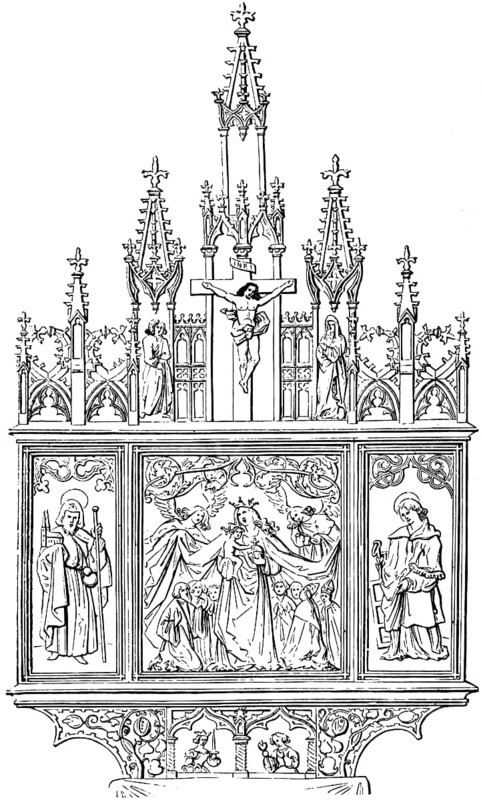 Altar in the Agustinian monastery or Augustinian church in Nuremberg, biblical scenes, crucifixion of Jesus, tripartite, rich ornamentation, Bavaria, Germany, historical illustration 1880, Europe