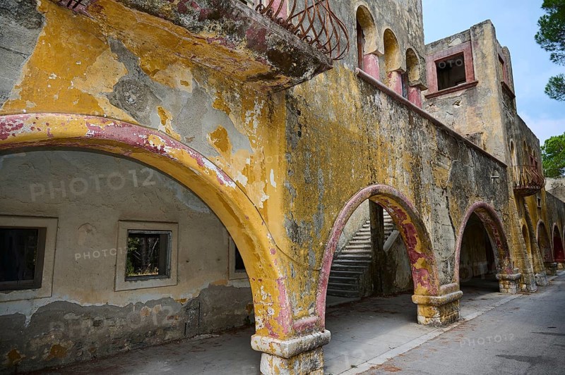 Abandoned architecture with dilapidated arches showing historical traces and long neglect, Italian Governor's Palace, Ruins, Italian colonial settlement, Eleousa, Rhodes, Dodecanese, Greek Islands, Greece, Europe