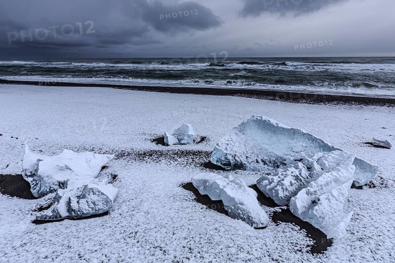 Ice floes on the beach, snowy, waves, sea, clouds, winter, Diamond Beach, Breidamerkursandur, Jökulsarlon, Iceland, Europe