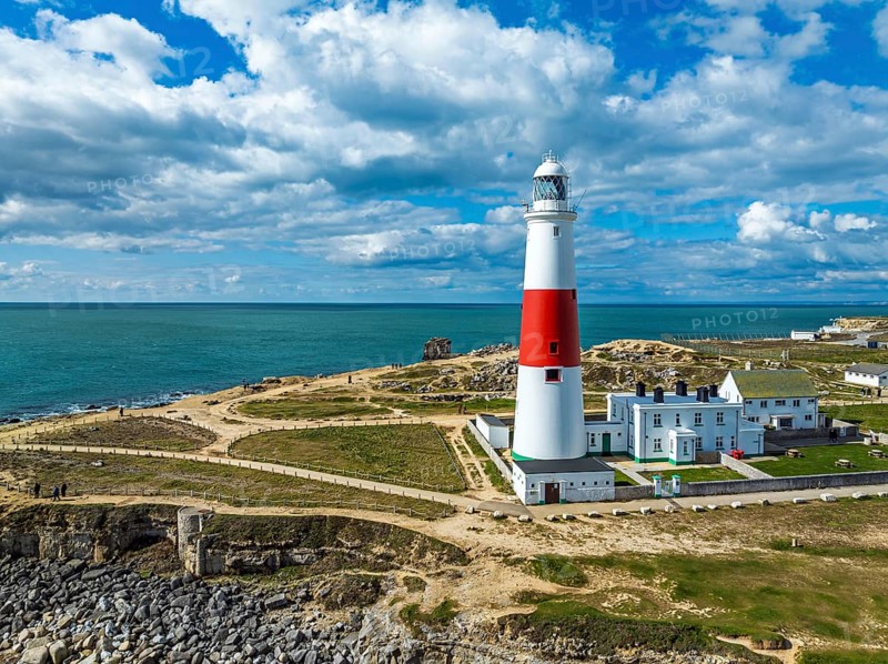 Portland Bill Lighthouse from a drone, Portland Bill, Isle of Portland, Dorset, England, United Kingdom, Europe