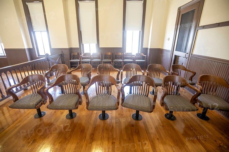 Sumner, Mississippi - The jury's chairs at the Tallahatchie County Courthouse, site of the Emmett Till murder trial. In 1955, 14-year-old Emmett Till was tortured and murdered for allegedly whistling at a white woman. His killers were acquitted by an all-white jury in this courtroom. The courthouse is now part of the Emmett Till and Mamie Till-Mobley National Monument