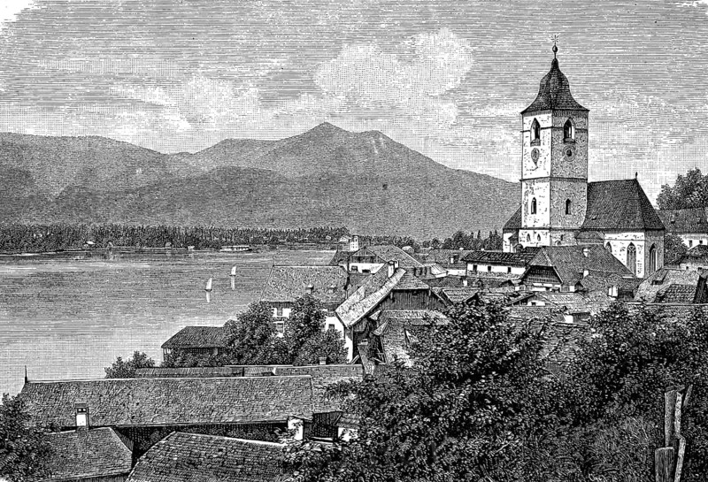 Sankt Wolfgang am Wolfgangsee in Austria, in 1870, Historical, digital reproduction of an original from the 19th century
