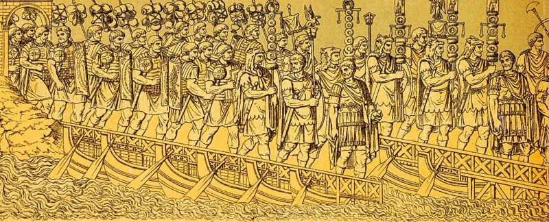 Relief on the Forum Traiani or Foro di Traiano, Trajan's Forum, Roman soldiers in weapons and protective clothing, ships, crossing a bridge, legionaries, standard, march, order, ancient Rome, Italy, coloured historical illustration from 1882, Europe