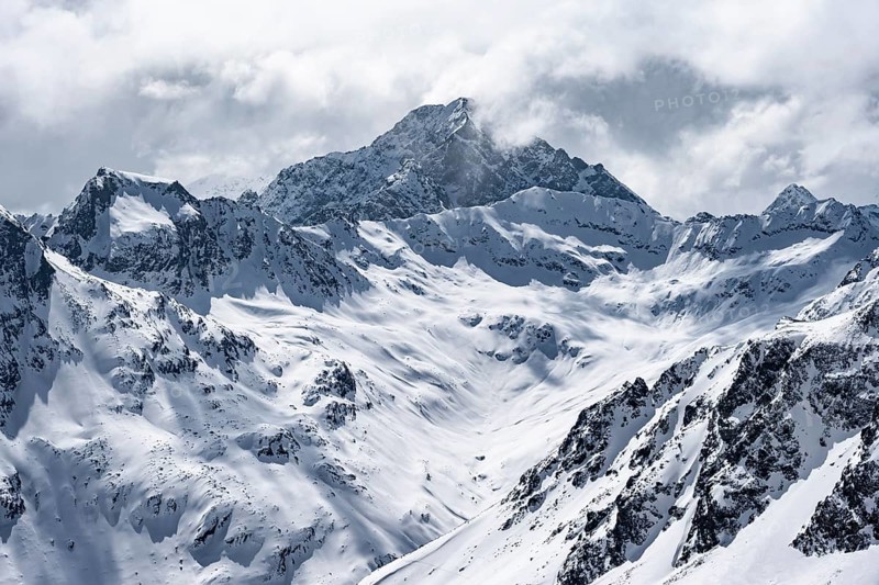 View at the summit of Piz Laviner, mountain panorama in winter, mountain landscape with mountain peak Piz Julier, Grisons Haute Route, Albula Alps, Rhaetian Alps, Grisons, Eastern Switzerland, Switzerland, Europe