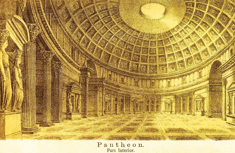 The interior of the Pantheon, ancient Rome, domed building, rotunda, statues, columns, today a Roman Catholic church, title, Italy, coloured historical illustration from 1882, Europe