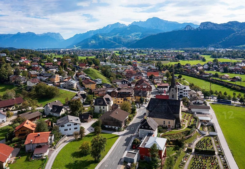 Drone image, view of village with church, Puch near Hallein, Salzachtal, Tennengau, Salzburg province, Austria, Europe