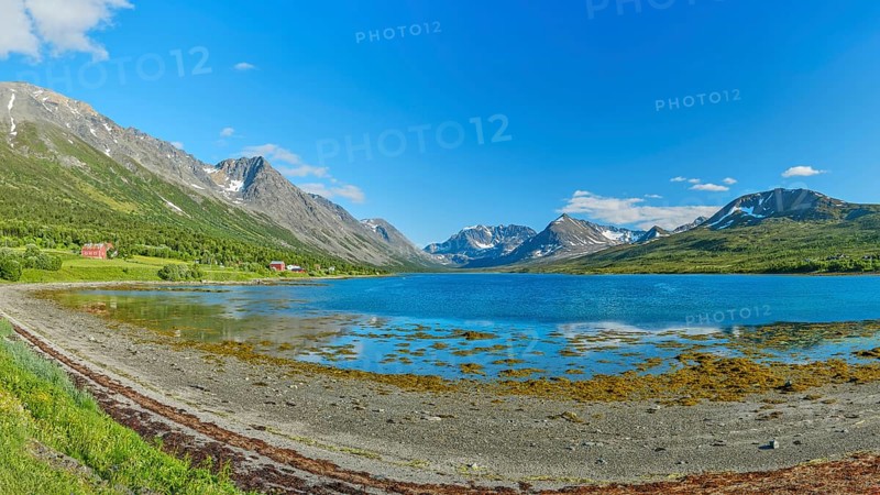 Lyngen Alps at the Lyngenfjord, Lyngen Alps, mountains with snow, blue sky, European North Sea, Troms og Finnmark, Northern Norway, Norway, Europe