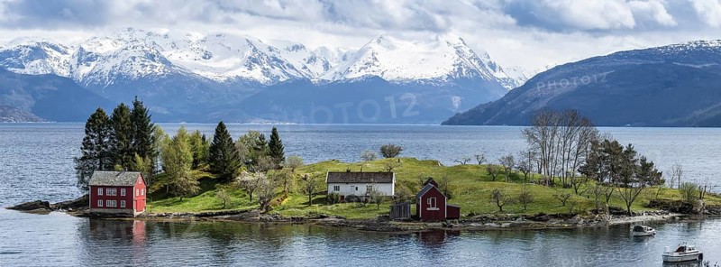 Panorama, typical red house on an island in the Hardangerfjord, near Strandebarm, Hordaland, Norway, Europe