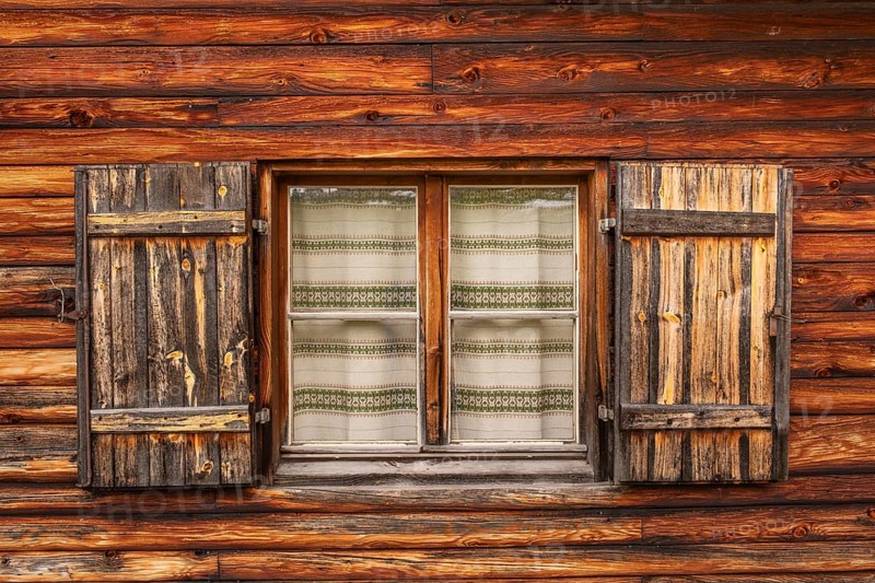 View of the window of a hut on the Glatsch Alm, Dolomites, Puez-Geisler nature park Park, Odle Group, St. Magdalena, Funes, Villnöss Valley, South Tyrol, Italy, Europe