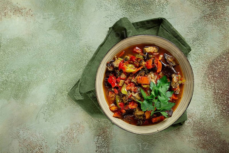 Ajapsandali, cold appetizer, vegetable stew, stewed vegetables, Caucasian cuisine