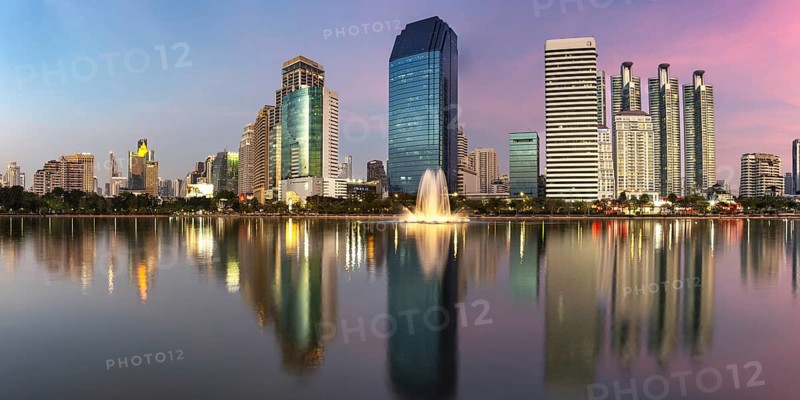 Benjakitti Park, eastern water zone with water fountain, a municipal park in the Khlong Toei district, Bangkok, Thailand, Asia