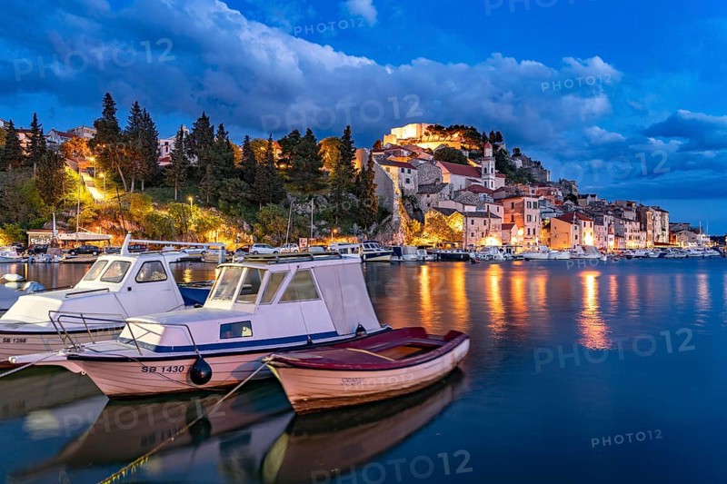 City view of Sibenik at dusk, Croatia, Europe