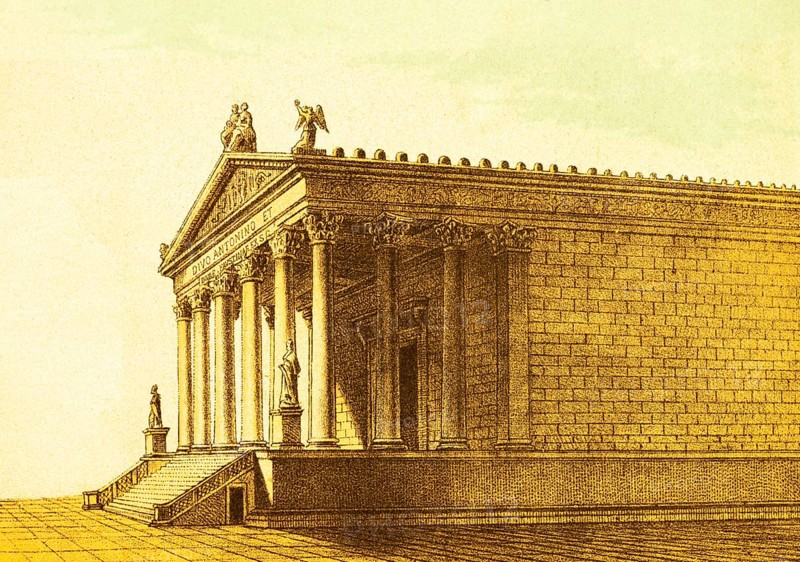Templum Antinini et Faustinae, Tempio di Antonino e Faustina or Temple of Antony and Faustina, columns, entrance, stairs, statues, ancient Rome, Italy, coloured historical illustration from 1882, Europe