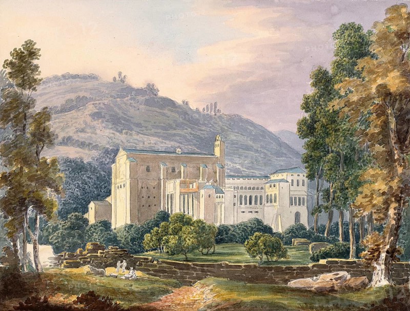 Monastery of Yuste, San Jerónimo de Yuste), in the north-east of the province of Cáceres in Extremadura, Spain, digital reproduction of a painting by Charles Hamilton Smith (1776-1859), historical, Europe