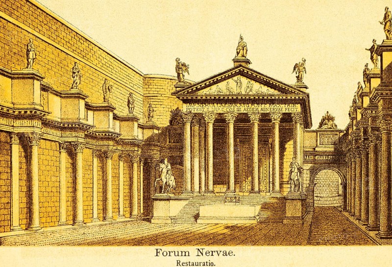 Forum Nervae or Foro di Nerva, Nerva Forum in restored retrospect, temple with columns forecourt, steps, equestrian statue, statues, portico, archway, title, ancient Rome, Italy, coloured historical illustration from 1882, Europe