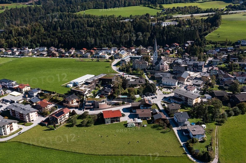 Drone image, settlement area, view of village with church, Pfarrwerfen, Salzachtal, Pongau, Salzburg province, Austria, Europe