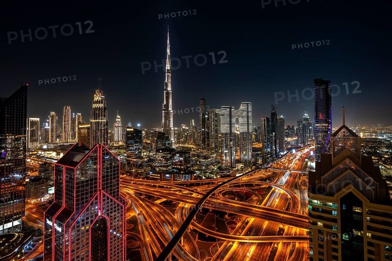 Dubai skyline at night, Burj Khalifa tallest building in the world, United Arab Emirates, Asia
