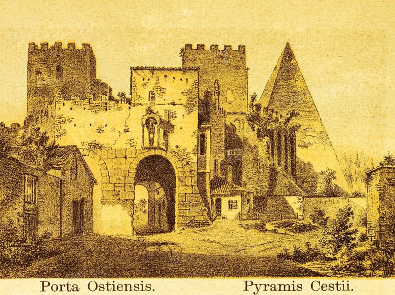 Porta Ostiensis with Pyramis Cestii, city gate with defence towers, battlements, part of the city wall, defence, attack, military, small pyramid, title, ancient Rome, Italy, coloured historical illustration from 1882, Europe