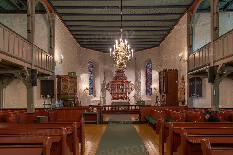 Interior of a church with chandeliers, wooden benches and wooden altar, Skedsmo Pilgrim Church, Skedsmokorset, Norway, Europe