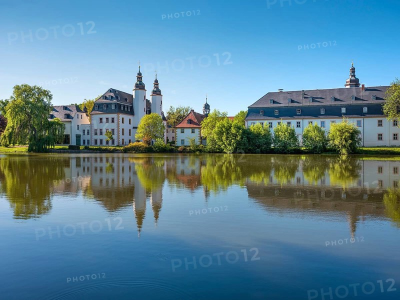 Blankenhain Castle, German Agricultural Museum, water reflection, Crimmitschau, Saxony, Germany, Europe