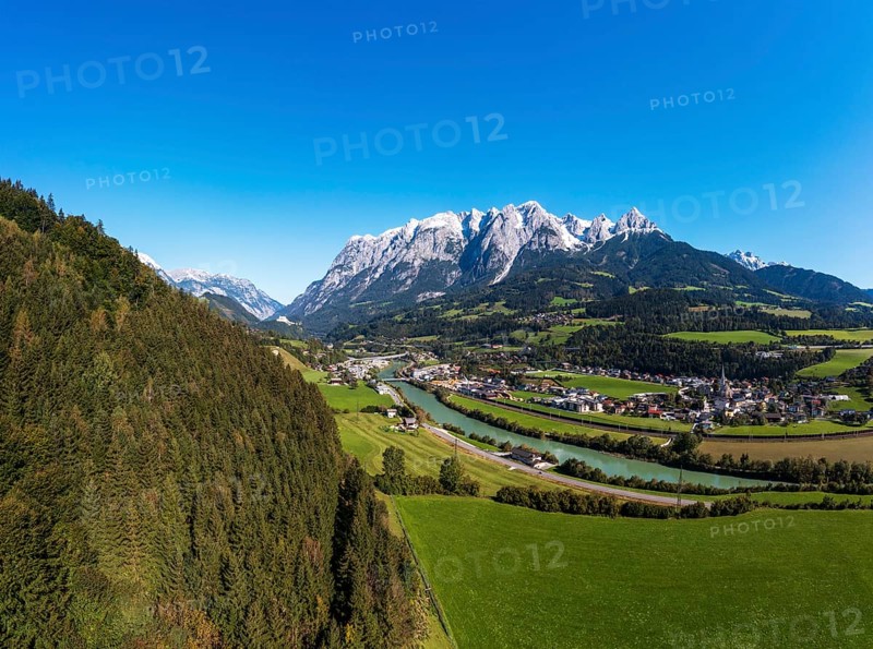 Drone shot, view of village with church, Pfarrwerfen, Tennengebirge, Salzachtal, Pongau, Salzburg province, Austria, Europe