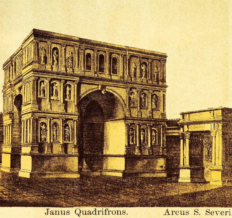 Janus Quadrifrons or Arco di Giano, Arch of Janus in the Forum Boarium, and Arcus Severi or Arco di Settimio Severo, Arch of Septimius Severus Title, Architecture, Ancient Rome, Italy, coloured historical illustration from 1882, Europe