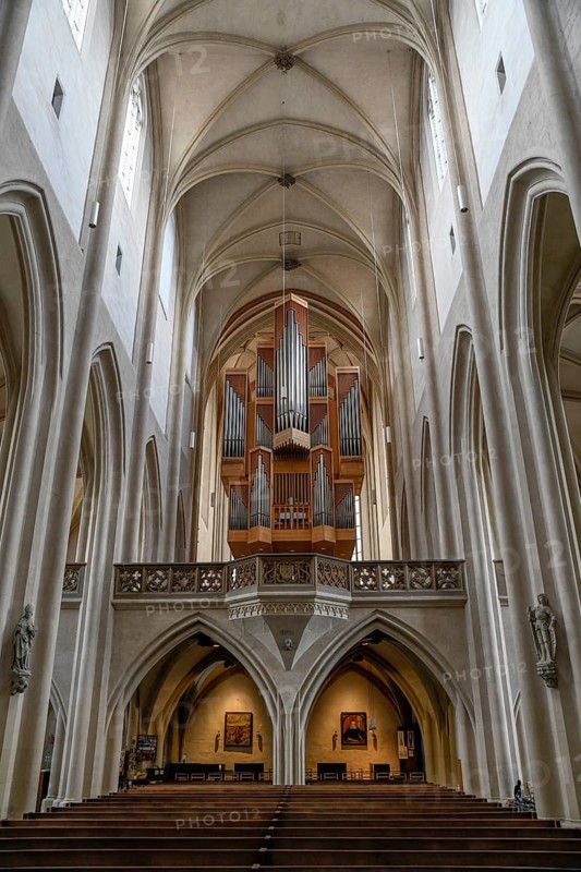 Middle nave with church organ, Rieger organ, St.-Jakob church, gothic basilica, Rothenburg ob der Tauber, Romantic Road, Franconia, Bavaria, Germany, Europe