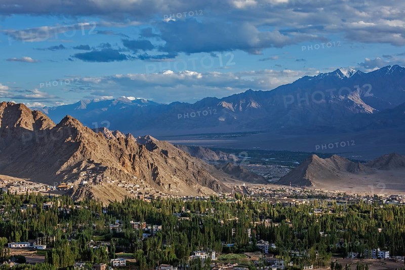 View of Leh from above from Shanti Stupa on sunset. Ladakh, Jammu and Kashmir, India, Asia